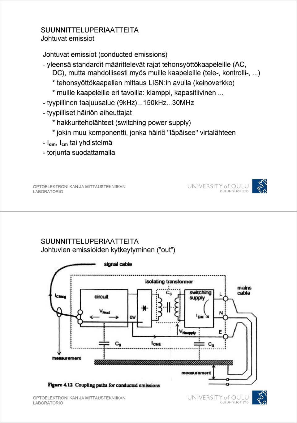 ..) * tehonsyöttökaapelien mittaus LISN:in avulla (keinoverkko) * muille kaapeleille eri tavoilla: klamppi, kapasitiivinen... - tyypillinen taajuusalue (9kHz).