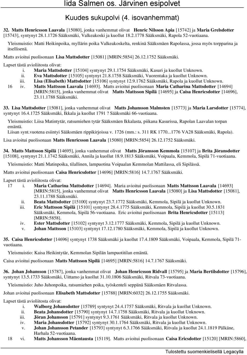 Matts avioitui puolisonaan Lisa Mattsdotter [15081] [MRIN:5854] 26.12.1752 Sääksmäki. i. Maria Mattsdotter [15104] syntynyt 29.1.1754 Sääksmäki, Kasuri ja kuollut Unknown. ii.