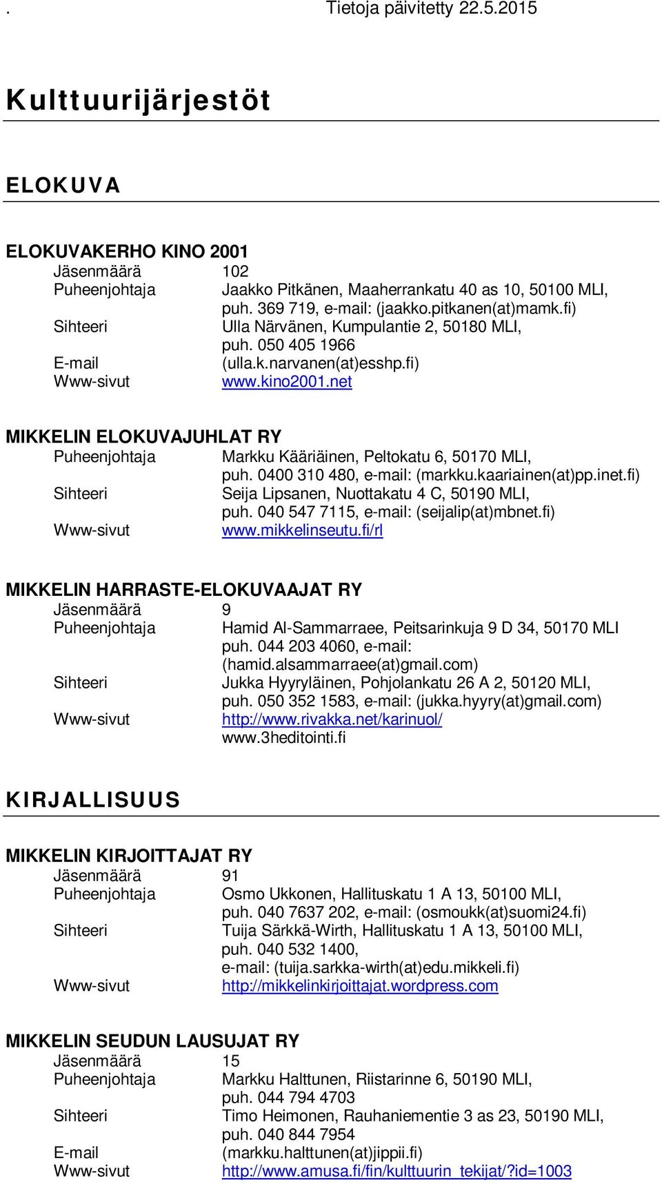 0400 310 480, e-mail: (markku.kaariainen(at)pp.inet.fi) Seija Lipsanen, Nuottakatu 4 C, 50190 MLI, puh. 040 547 7115, e-mail: (seijalip(at)mbnet.fi) www.mikkelinseutu.