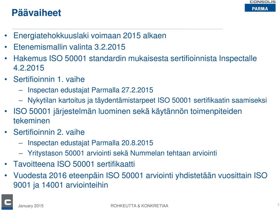 .2.2015 Nykytilan kartoitus ja täydentämistarpeet ISO 50001 sertifikaatin saamiseksi ISO 50001 järjestelmän luominen sekä käytännön toimenpiteiden tekeminen