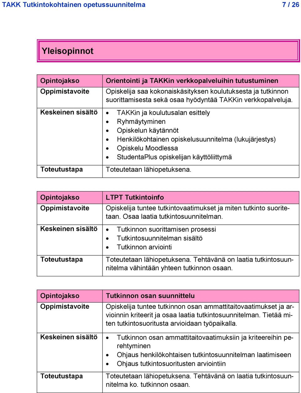 Keskeinen sisältö TAKKin ja koulutusalan esittely Ryhmäytyminen Opiskelun käytännöt Henkilökohtainen opiskelusuunnitelma (lukujärjestys) Opiskelu Moodlessa StudentaPlus opiskelijan käyttöliittymä