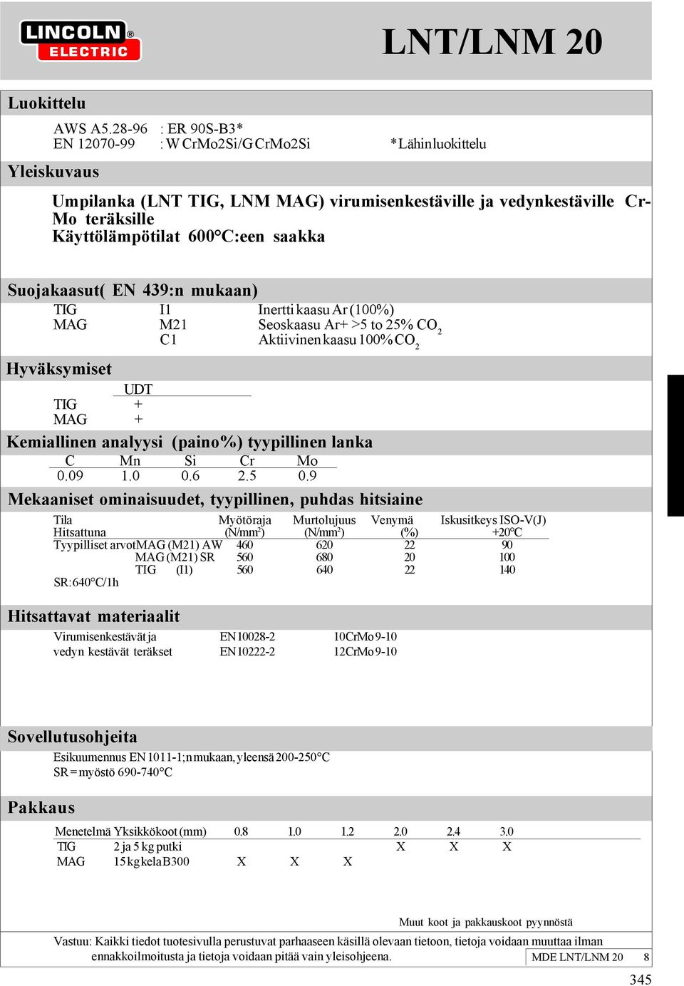 saakka Suojakaasut( EN 439:n mukaan) TIG I1 Inertti kaasu Ar (100%) MAG M21 Seoskaasu Ar+ >5 to 25% CO 2 C1 Aktiivinen kaasu 100% CO 2 UDT TIG + MAG + C Mn Si Cr Mo 0.09 1.0 0.6 2.5 0.