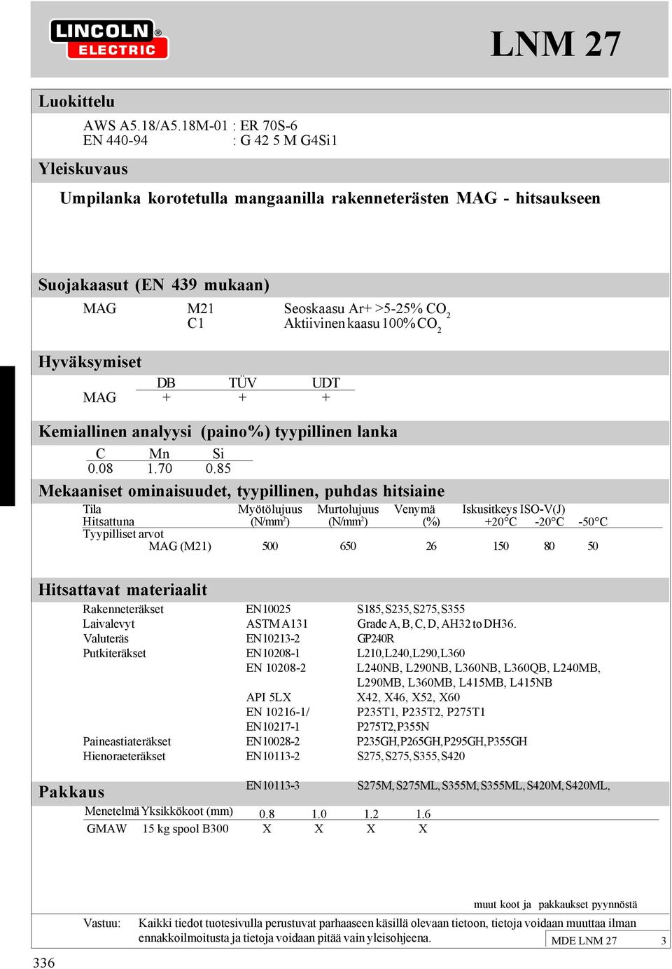 85 MAG M21 Seoskaasu Ar+ >5-25% CO 2 C1 Aktiivinen kaasu 100% CO 2 Tila Myötölujuus Murtolujuus Venymä Iskusitkeys ISO-V(J) +20 C -20 C -50 C Tyypilliset arvot MAG (M21) 500 650 26 150 80 50