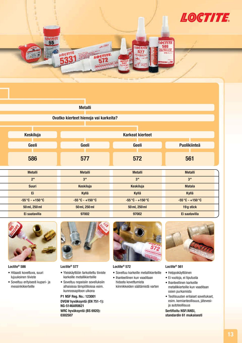 C -55 C - +150 C -55 C - +150 C 50 ml, 250 ml 50 ml, 250 ml 50 ml, 250 ml 19 g stick Ei saatavilla 97002 97002 Ei saatavilla Loctite 586 Loctite 577 Loctite 572 Loctite 561 Hitaasti kovettuva, suuri