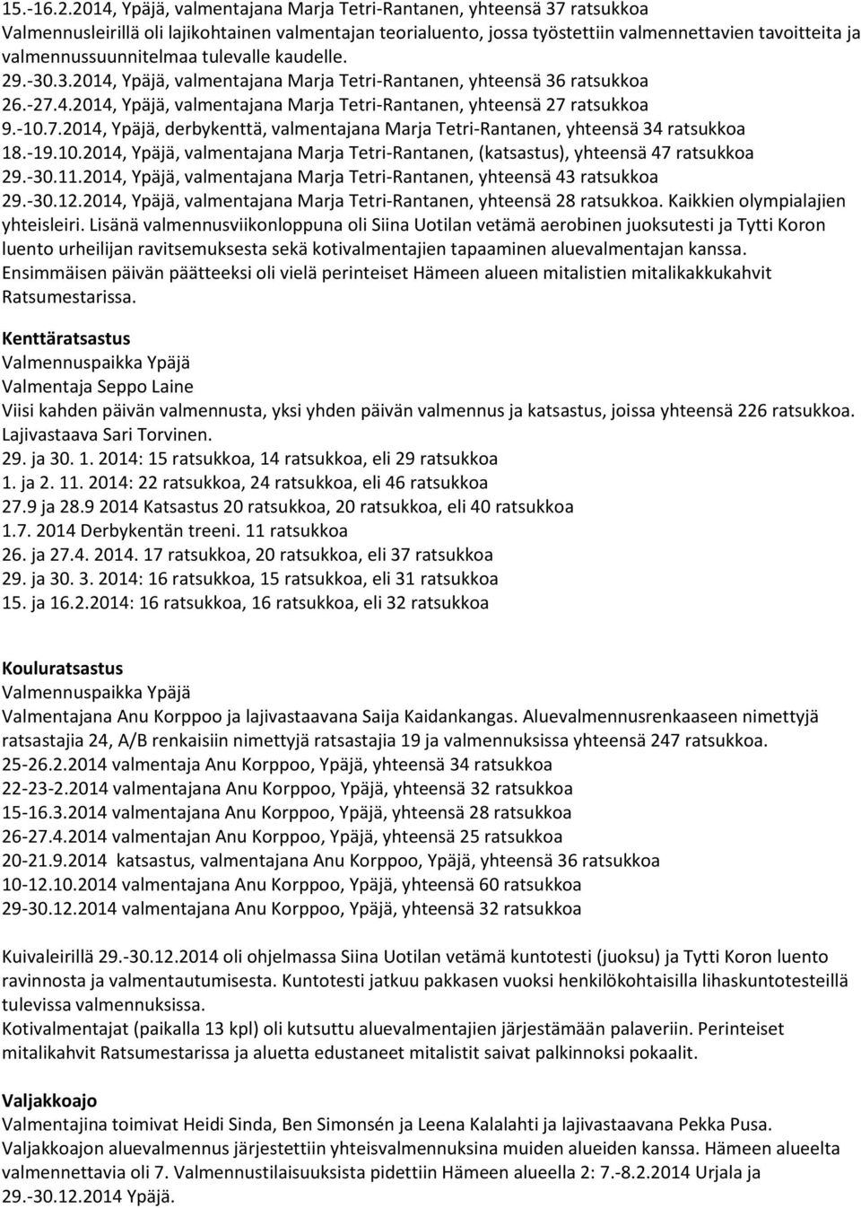 valmennussuunnitelmaa tulevalle kaudelle. 29.-30.3.2014, Ypäjä, valmentajana Marja Tetri-Rantanen, yhteensä 36 ratsukkoa 26.-27.4.2014, Ypäjä, valmentajana Marja Tetri-Rantanen, yhteensä 27 ratsukkoa 9.