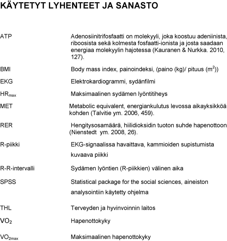 BMI Body mass index, painoindeksi, (paino (kg)/ pituus (m 2 )) EKG HR max MET RER R-piikki R-R-intervalli SPSS THL VO 2 Elektrokardiogrammi, sydänfilmi Maksimaalinen sydämen lyöntitiheys Metabolic