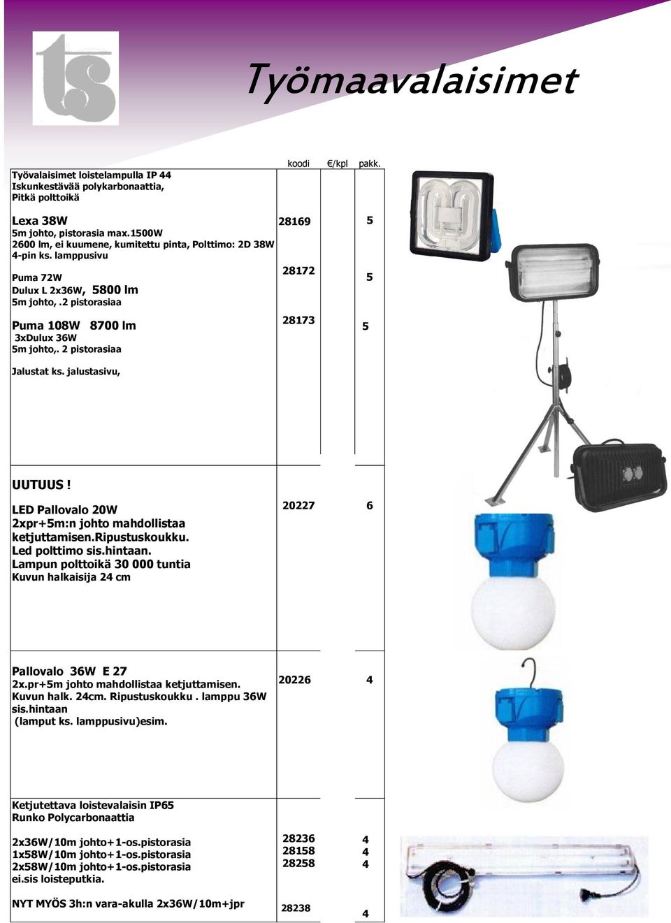 2 pistorasiaa 28169 28172 2817 Jalustat ks. jalustasivu, UUTUUS! LED Pallovalo 20W 2xpr+m:n johto mahdollistaa ketjuttamisen.ripustuskoukku. Led polttimo sis.hintaan.