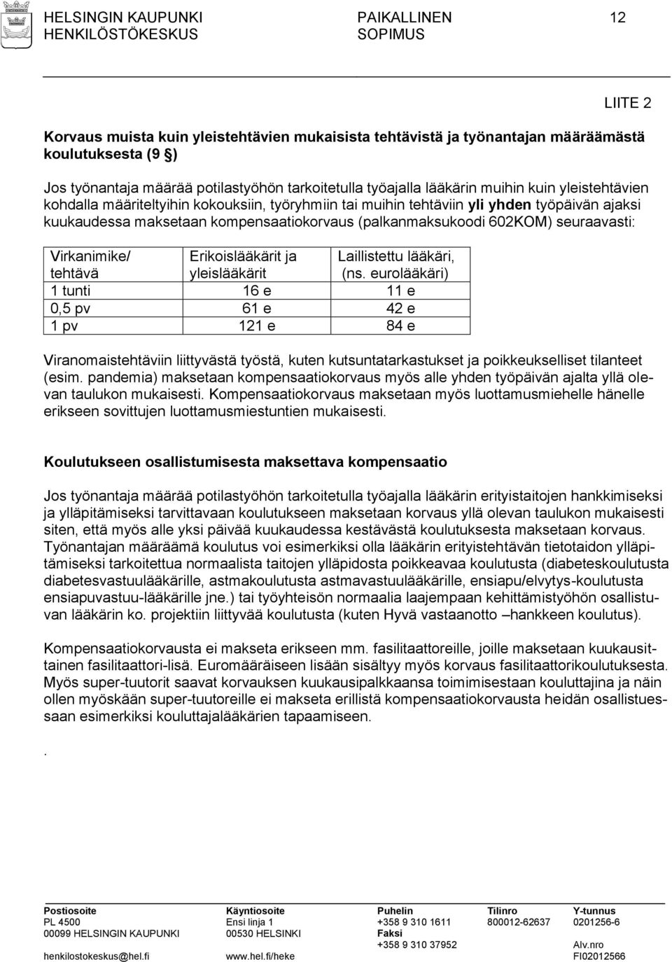 (palkanmaksukoodi 602KOM) seuraavasti: Virkanimike/ tehtävä Erikoislääkärit ja yleislääkärit Laillistettu lääkäri, (ns.