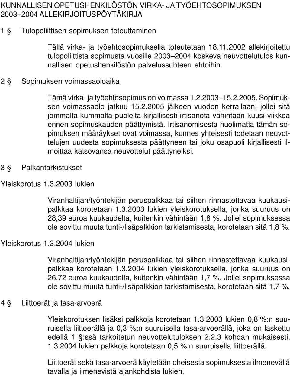 2 Sopimuksen voimassaoloaika 3 Palkantarkistukset Tämä virka- ja työehtosopimus on voimassa 1.2.2003 15.2.2005. Sopimuksen voimassaolo jatkuu 15.2.2005 jälkeen vuoden kerrallaan, jollei sitä jommalta kummalta puolelta kirjallisesti irtisanota vähintään kuusi viikkoa ennen sopimuskauden päättymistä.