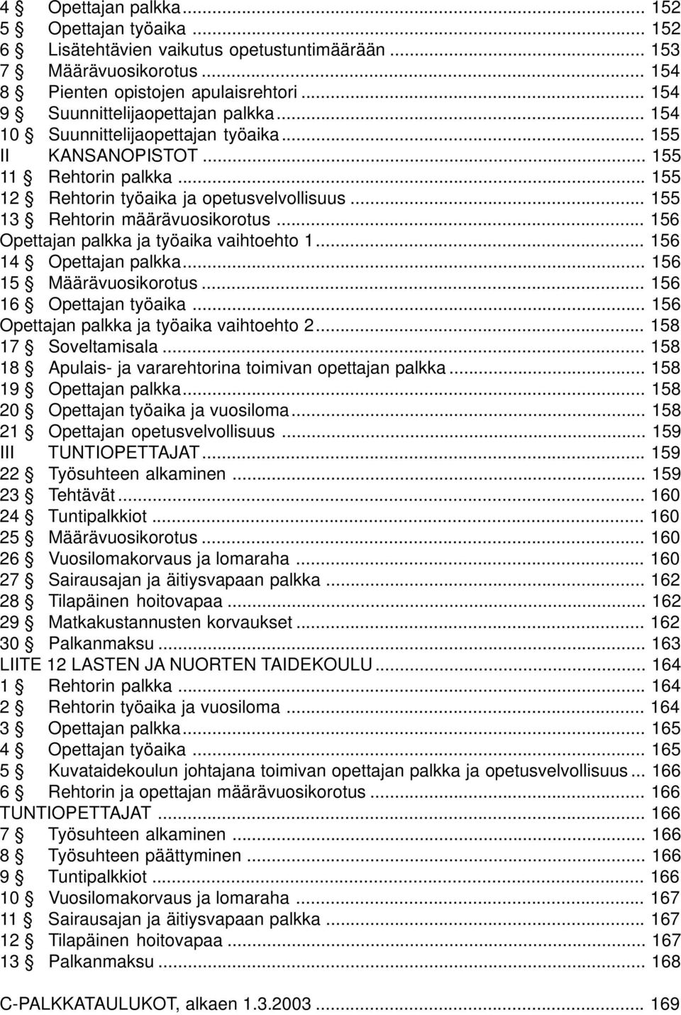 .. 155 13 Rehtorin määrävuosikorotus... 156 Opettajan palkka ja työaika vaihtoehto 1... 156 14 Opettajan palkka... 156 15 Määrävuosikorotus... 156 16 Opettajan työaika.