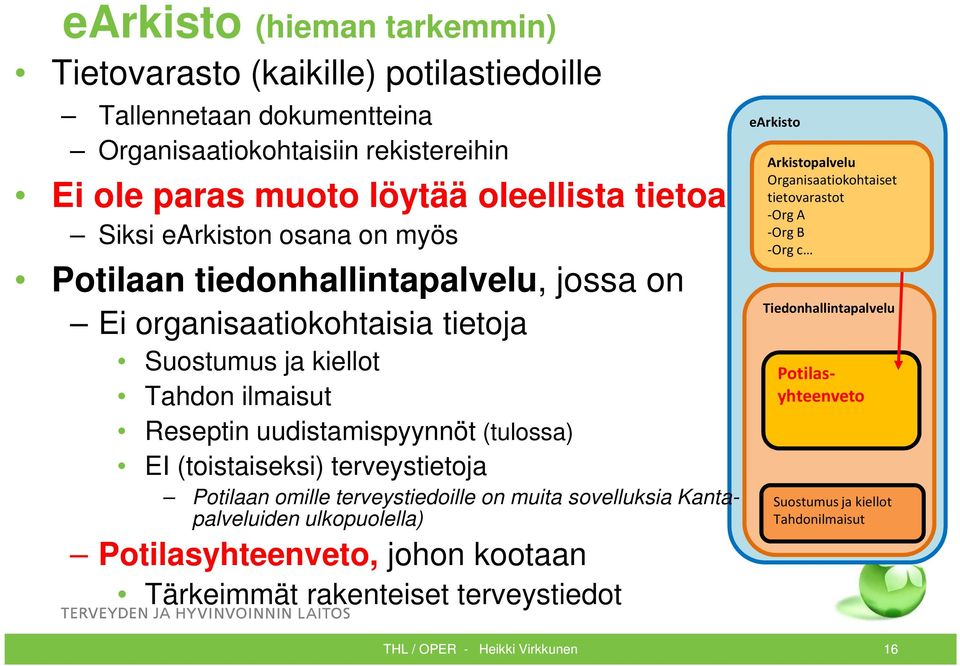 (tulossa) EI (toistaiseksi) terveystietoja Potilaan omille terveystiedoille on muita sovelluksia Kantapalveluiden ulkopuolella) Potilasyhteenveto, johon kootaan Tärkeimmät