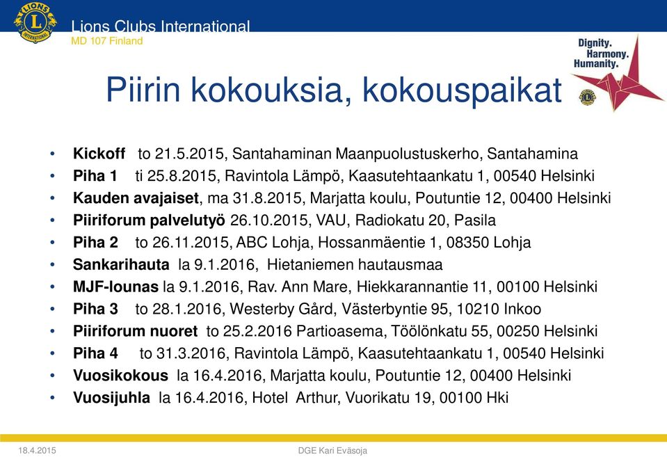 Ann Mare, Hiekkarannantie 11, 00100 Helsinki Piha 3 to 28.1.2016, Westerby Gård, Västerbyntie 95, 10210 Inkoo Piiriforum nuoret to 25.2.2016 Partioasema, Töölönkatu 55, 00250 Helsinki Piha 4 to 31.3.2016, Ravintola Lämpö, Kaasutehtaankatu 1, 00540 Helsinki Vuosikokous la 16.