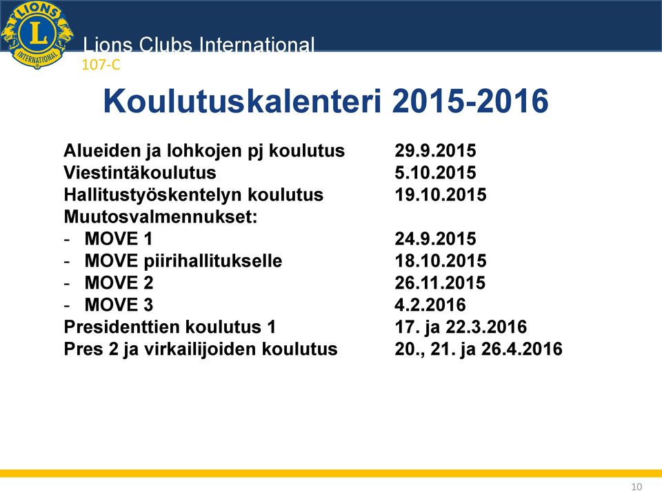 10.2015 - MOVE 2 26.11.2015 - MOVE 3 4.2.2016 Presidenttien koulutus 1 17. ja 22.3.2016 Pres 2 ja virkailijoiden koulutus 20.