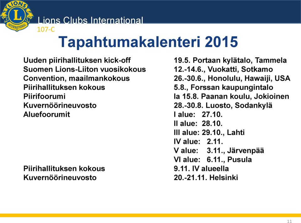 , Forssan kaupungintalo Piirifoorumi la 15.8. Paanan koulu, Jokioinen Kuvernöörineuvosto 28.-30.8. Luosto, Sodankylä Aluefoorumit I alue: 27.