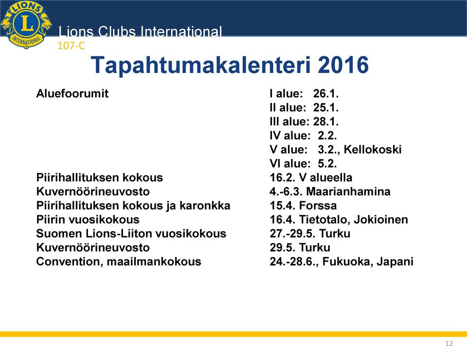 Maarianhamina Piirihallituksen kokous ja karonkka 15.4. Forssa Piirin vuosikokous 16.4. Tietotalo, Jokioinen Suomen Lions-Liiton vuosikokous 27.