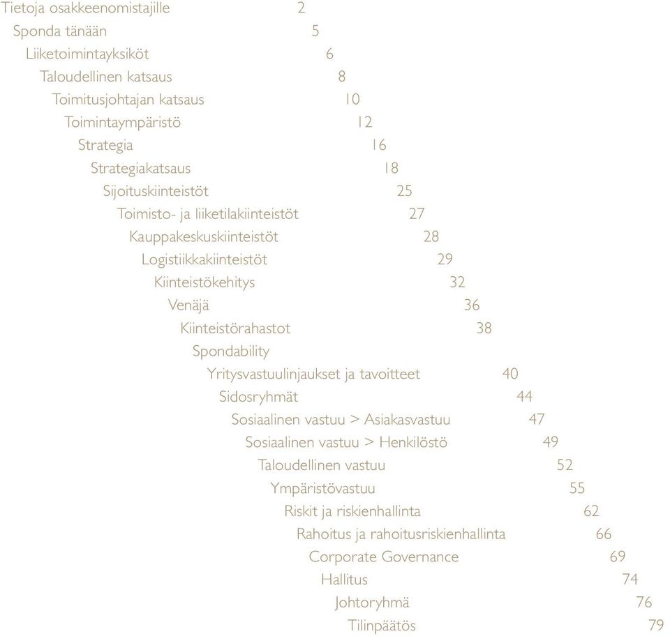 Kiinteistörahastot 38 Spondability Yritysvastuulinjaukset ja tavoitteet 40 Sidosryhmät 44 Sosiaalinen vastuu > Asiakasvastuu 47 Sosiaalinen vastuu > Henkilöstö 49
