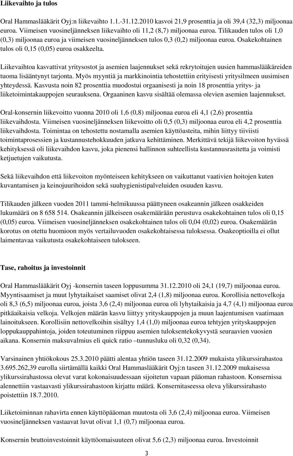 Osakekohtainen tulos oli 0,15 (0,05) euroa osakkeelta. Liikevaihtoa kasvattivat yritysostot ja asemien laajennukset sekä rekrytoitujen uusien hammaslääkäreiden tuoma lisääntynyt tarjonta.