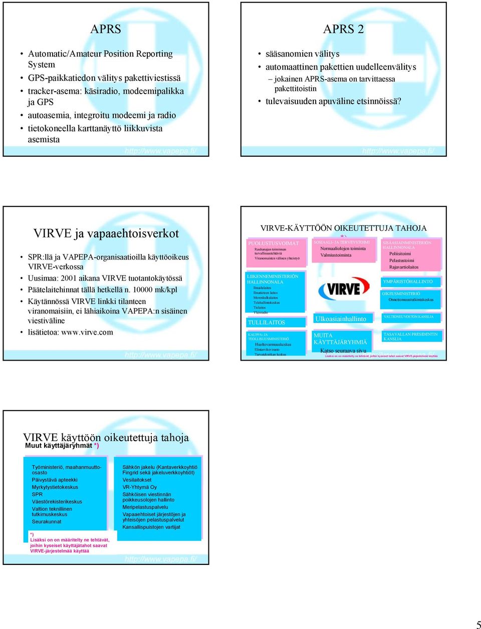 VIRVE ja vapaaehtoisverkot SPR:llä ja VAPEPA-organisaatioilla käyttöoikeus VIRVE-verkossa Uusimaa: 2001 aikana VIRVE tuotantokäytössä Päätelaitehinnat tällä hetkellä n.