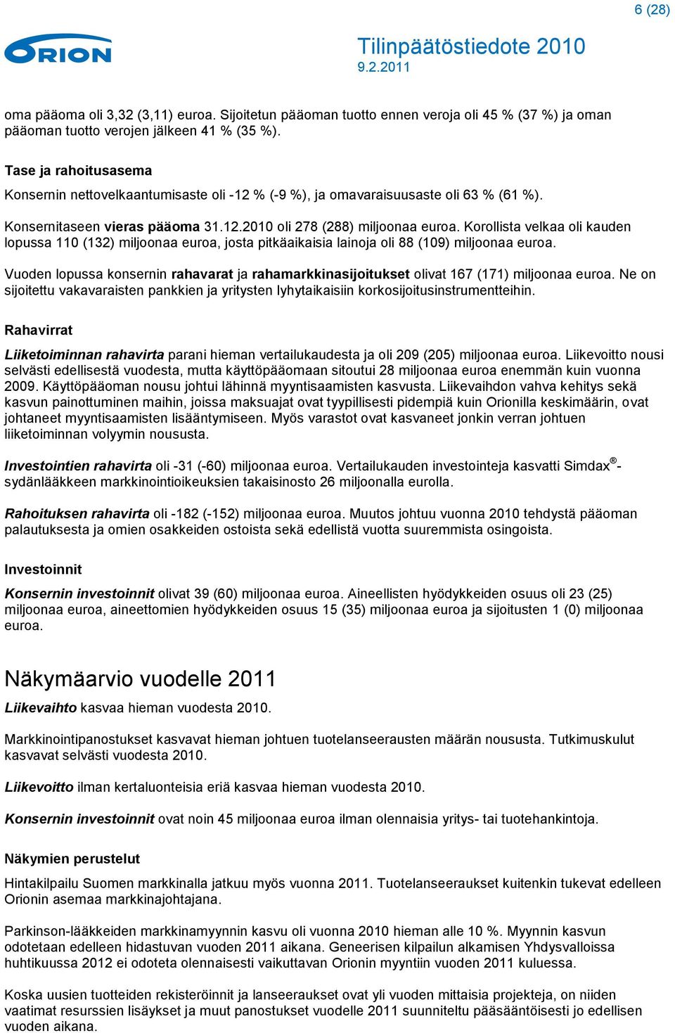 Korollista velkaa oli kauden lopussa 110 (132) miljoonaa euroa, josta pitkäaikaisia lainoja oli 88 (109) miljoonaa euroa.