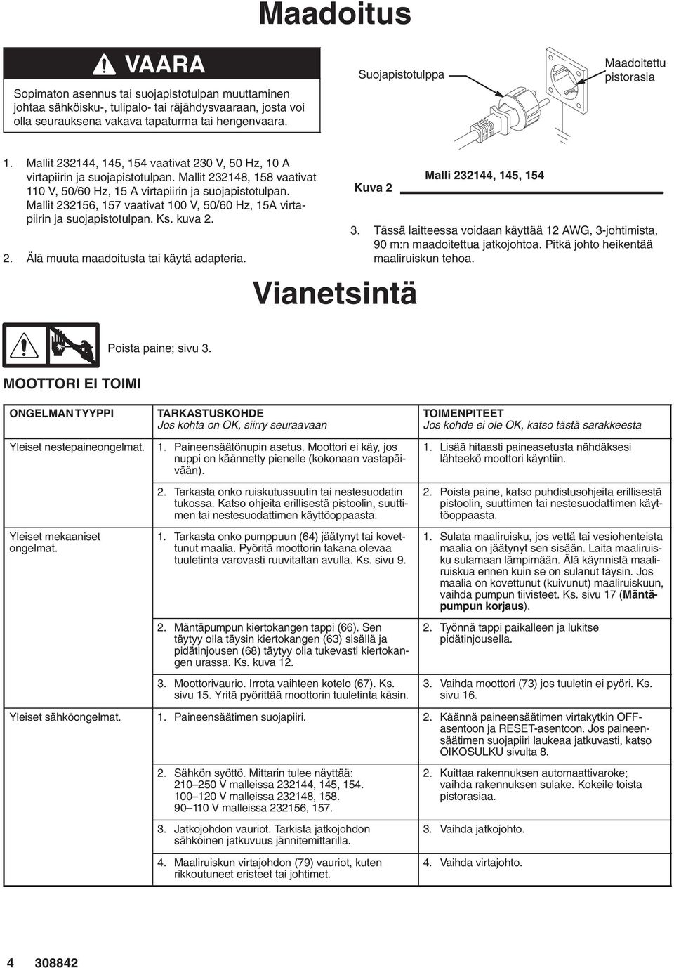 Mallit 232148, 158 vaativat 110 V, 50/60 Hz, 15 A virtapiirin ja suojapistotulpan. Mallit 232156, 157 vaativat 100 V, 50/60 Hz, 15A virtapiirin ja suojapistotulpan. Ks. kuva 2. 2. Älä muuta maadoitusta tai käytä adapteria.