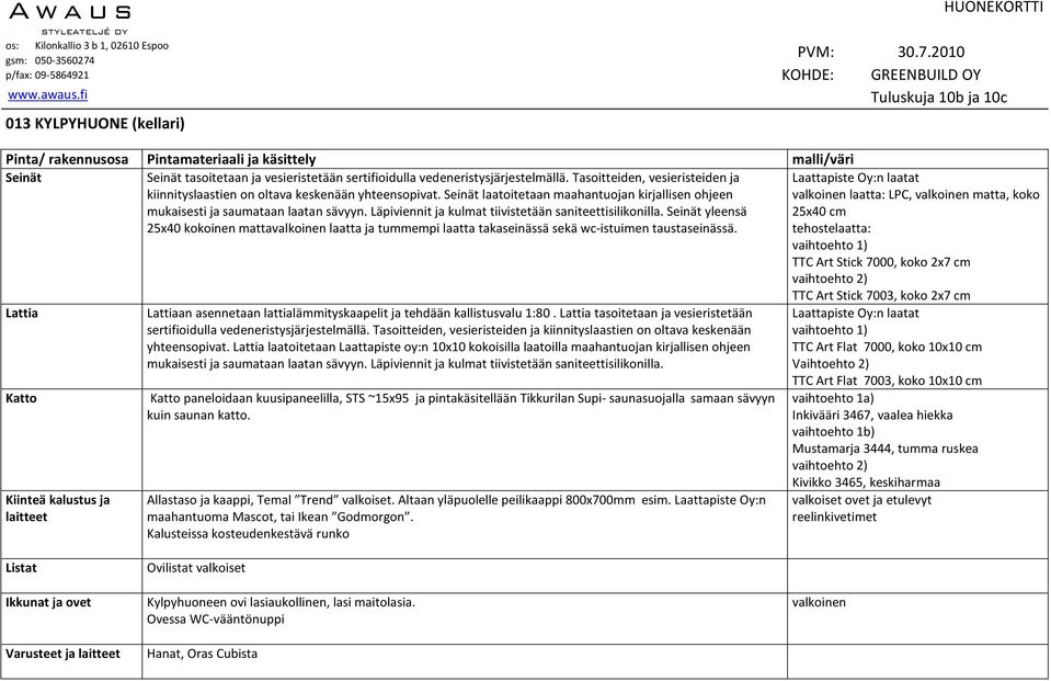 Seinät yleensä 25x40 kokoinen mattavalkoinen laatta ja tummempi laatta takaseinässä sekä wc-istuimen taustaseinässä. Lattia Lattiaan asennetaan lattialämmityskaapelit ja tehdään kallistusvalu 1:80.