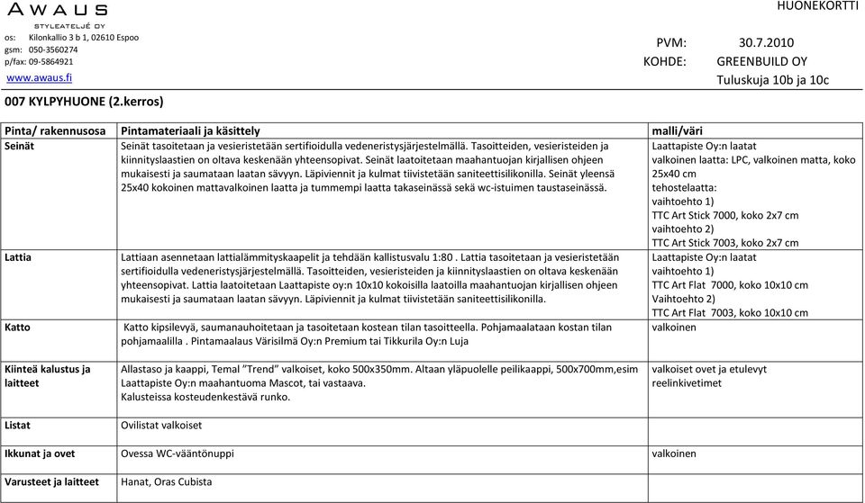 Seinät yleensä 25x40 kokoinen mattavalkoinen laatta ja tummempi laatta takaseinässä sekä wc-istuimen taustaseinässä. Lattia Lattiaan asennetaan lattialämmityskaapelit ja tehdään kallistusvalu 1:80.