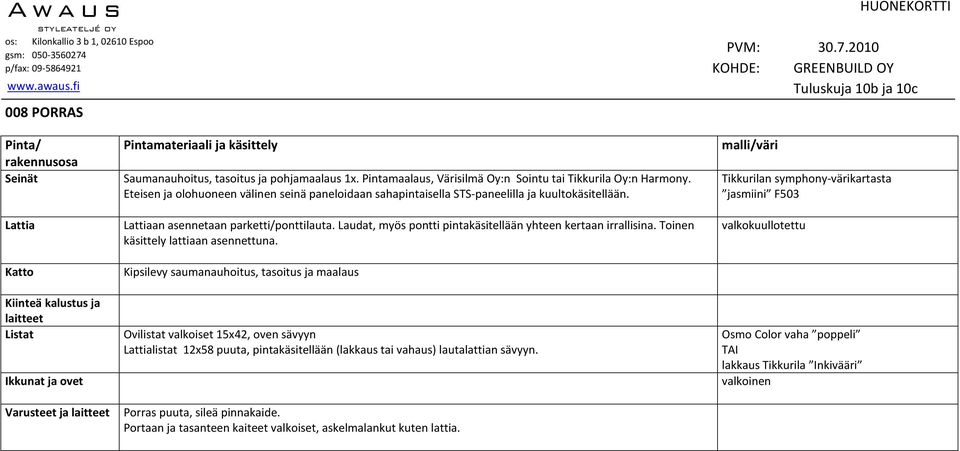 Laudat, myös pontti pintakäsitellään yhteen kertaan irrallisina. Toinen käsittely lattiaan asennettuna.