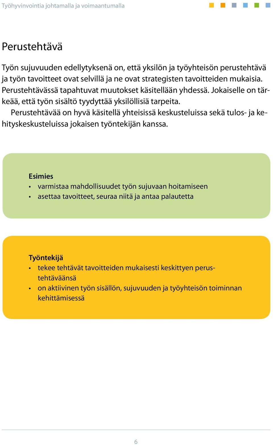 Perustehtävää on hyvä käsitellä yhteisissä keskusteluissa sekä tulos- ja kehityskeskusteluissa jokaisen työntekijän kanssa.