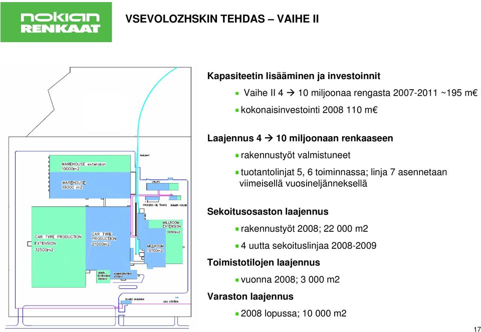 toiminnassa; linja 7 asennetaan viimeisellä vuosineljänneksellä Sekoitusosaston laajennus rakennustyöt 2008; 22 000 m2