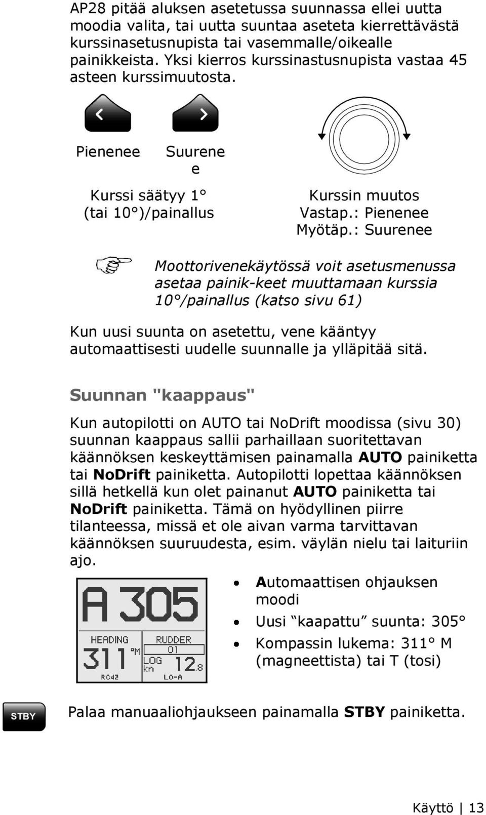 : Suurenee Moottorivenekäytössä voit asetusmenussa asetaa painik-keet muuttamaan kurssia 10 /painallus (katso sivu 61) Kun uusi suunta on asetettu, vene kääntyy automaattisesti uudelle suunnalle ja