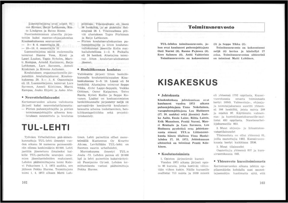osanottajia Luennoitsijoina näillä molemmilla toimivat Hannu Vesa, Kirsti ja Lauri Laakso, Tapio Nyholm, Martti Kempas, Arnold Kariniemi, Reijo Lehkonen, Lars Savonen, Anneli Kiiskinen ja Kimmo