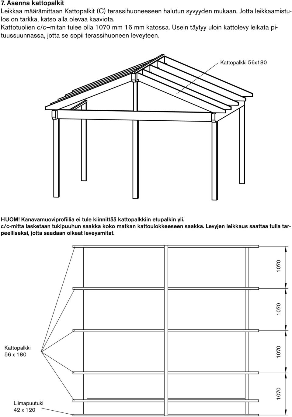 Usein täytyy uloin kattolevy leikata pituussuunnassa, jotta se sopii terassihuoneen leveyteen. Kattopalkki 56x180 HUOM!