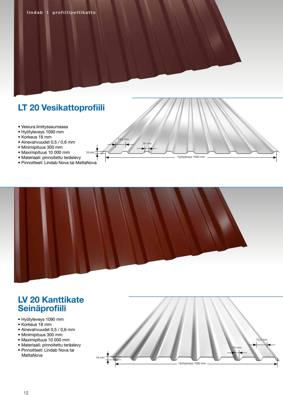 1090 mm LV 20 Kanttikate Seinäprofiili Hyötyleveys 1090 mm Korkeus 18 mm Ainevahvuudet 0,5 / 0,6 mm Minimipituus 300 mm