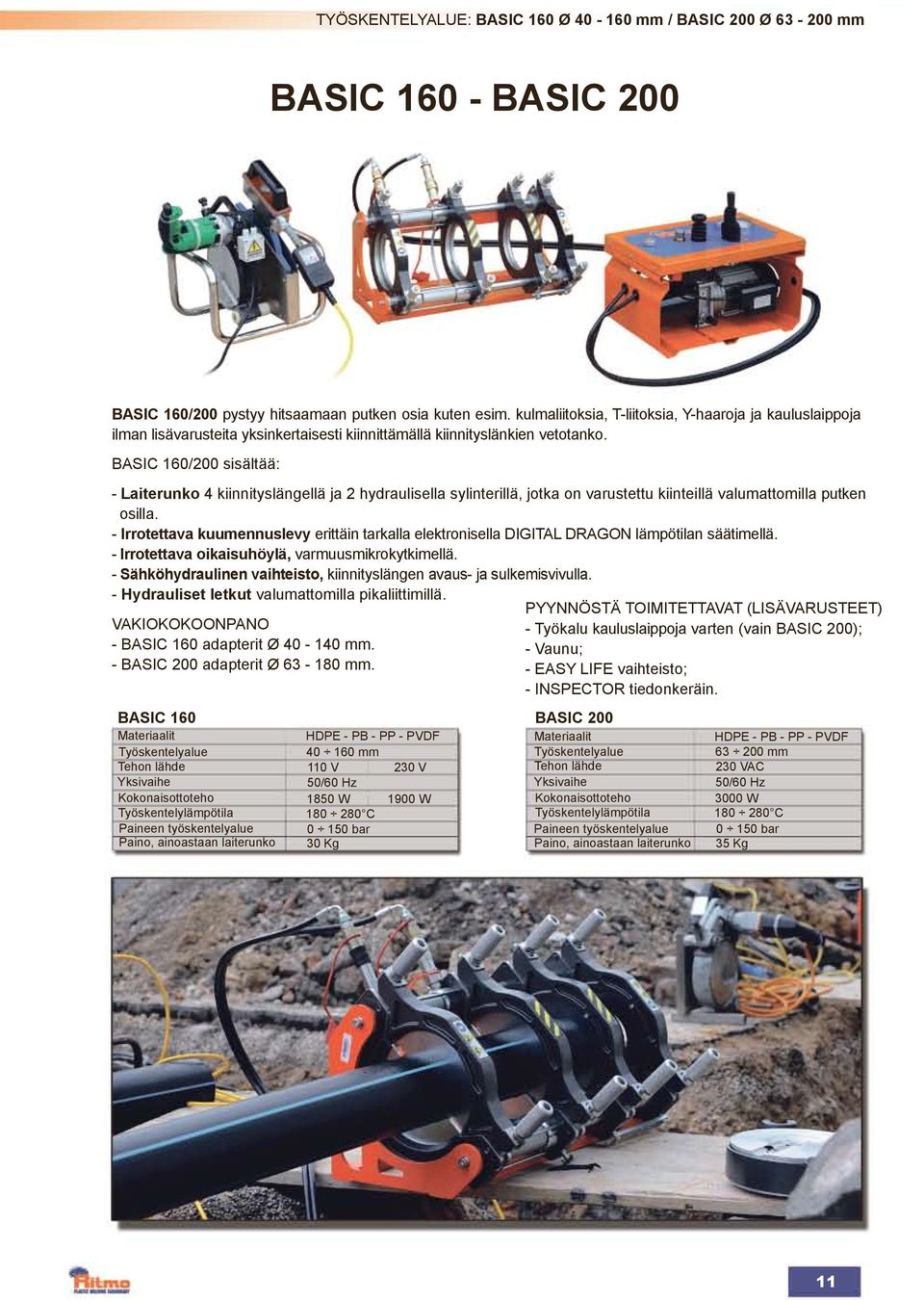 BASIC 160/200 sisältää: - Laiterunko 4 kiinnityslängellä ja 2 hydraulisella sylinterillä, jotka on varustettu kiinteillä valumattomilla putken osilla.