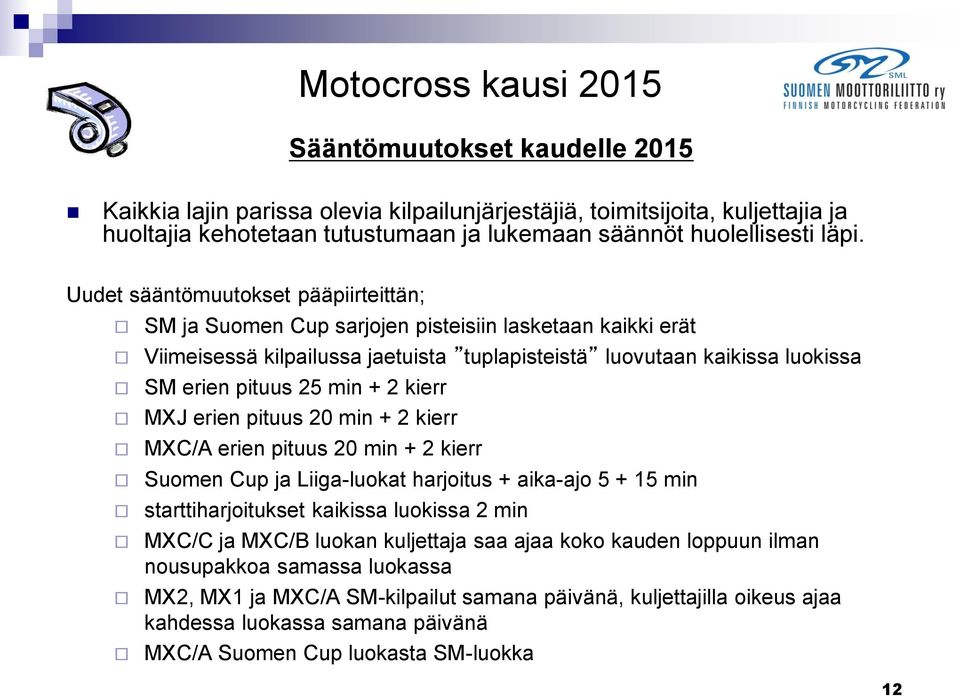 min + 2 kierr MXJ erien pituus 20 min + 2 kierr MXC/A erien pituus 20 min + 2 kierr Suomen Cup ja Liiga-luokat harjoitus + aika-ajo 5 + 15 min starttiharjoitukset kaikissa luokissa 2 min MXC/C ja