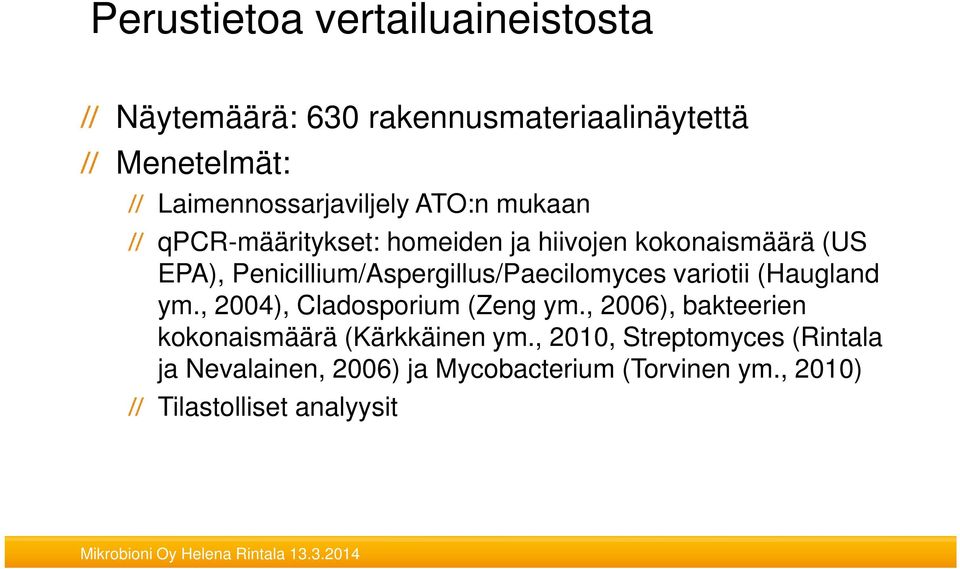 Penicillium/Aspergillus/Paecilomyces variotii (Haugland ym., 2004), Cladosporium (Zeng ym.