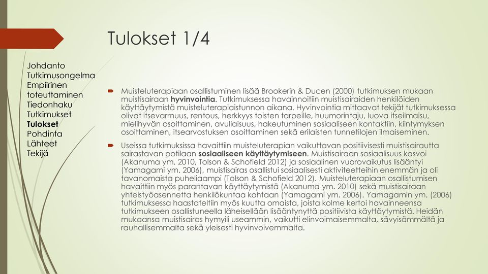 Hyvinvointia mittaavat tekijät tutkimuksessa olivat itsevarmuus, rentous, herkkyys toisten tarpeille, huumorintaju, luova itseilmaisu, mielihyvän osoittaminen, avuliaisuus, hakeutuminen sosiaaliseen