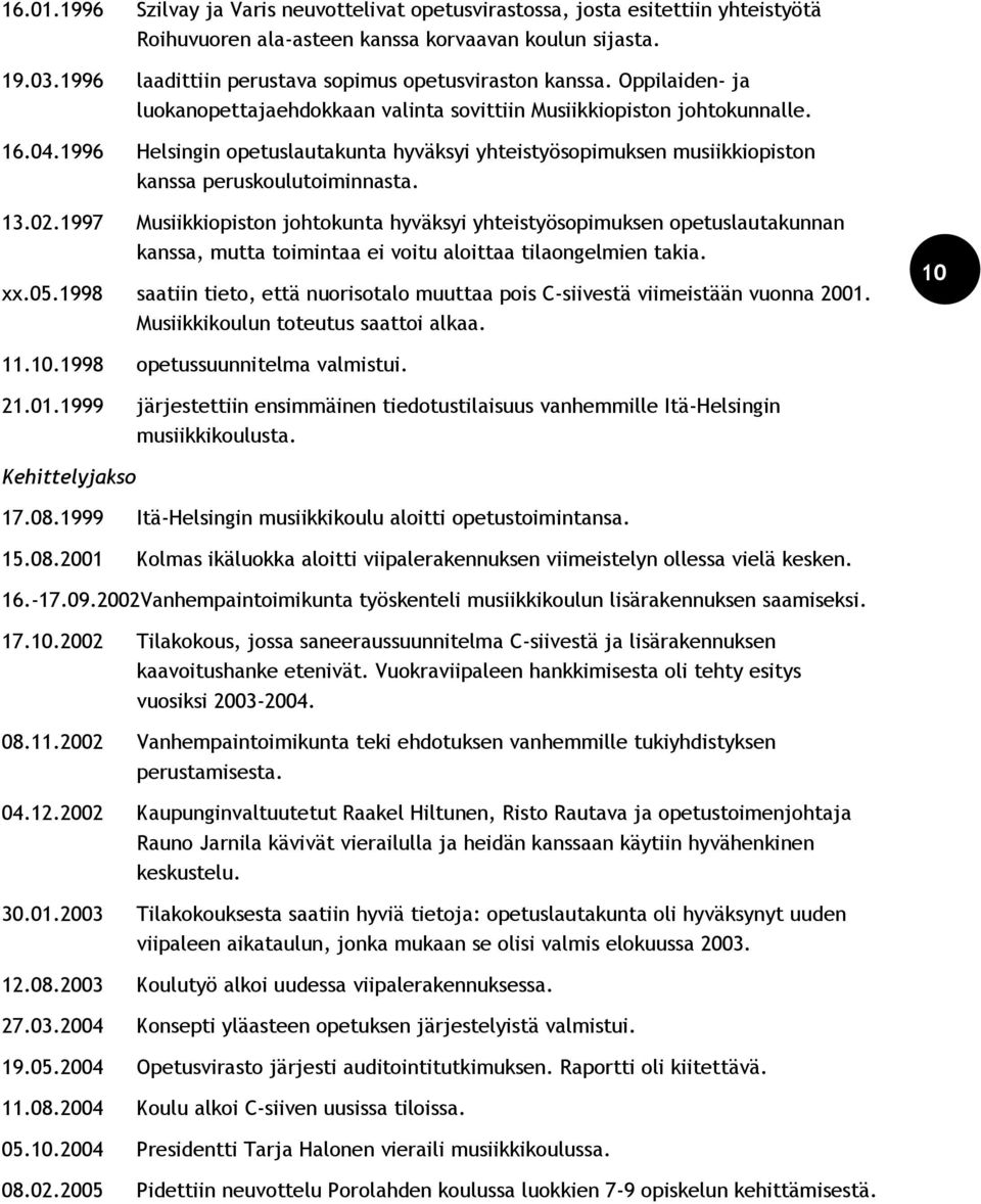 1996 Helsingin opetuslautakunta hyväksyi yhteistyösopimuksen musiikkiopiston kanssa peruskoulutoiminnasta. 13.02.