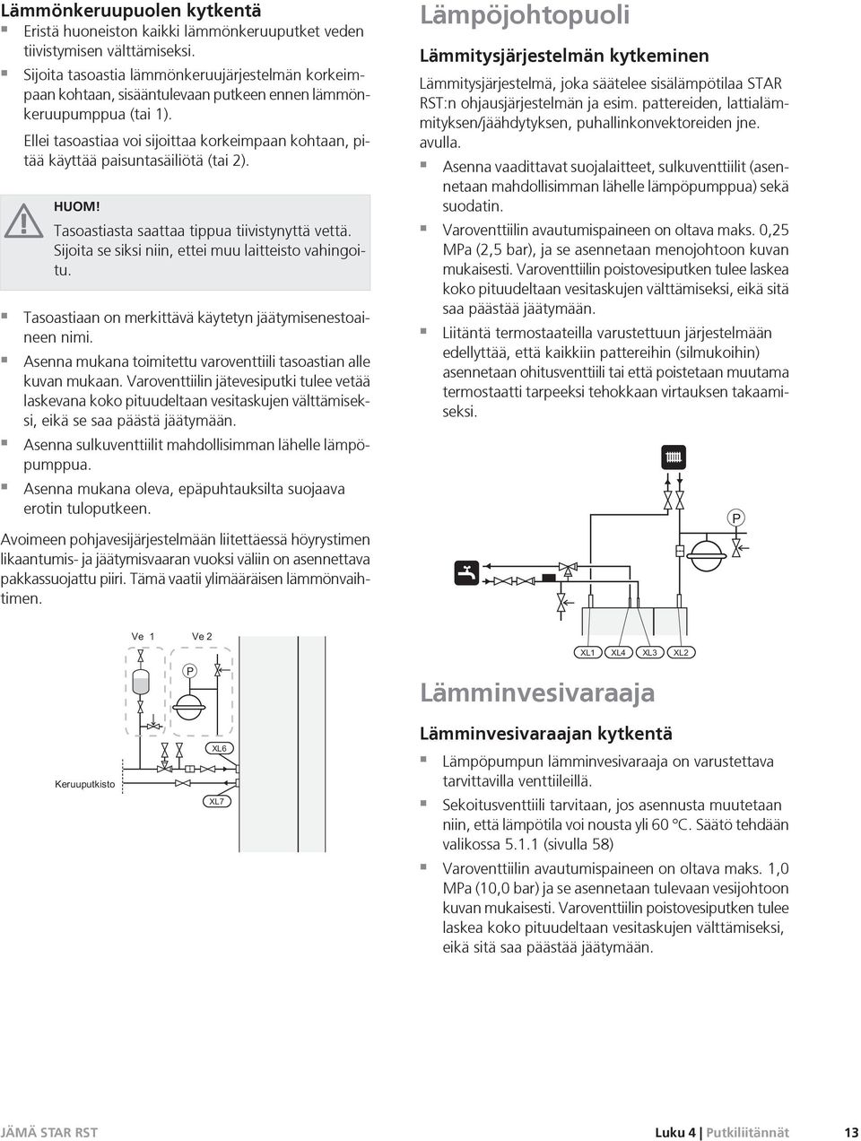 Ellei tasoastiaa voi sijoittaa korkeimpaan kohtaan, pitää käyttää paisuntasäiliötä (tai 2). HUOM! Tasoastiasta saattaa tippua tiivistynyttä vettä.