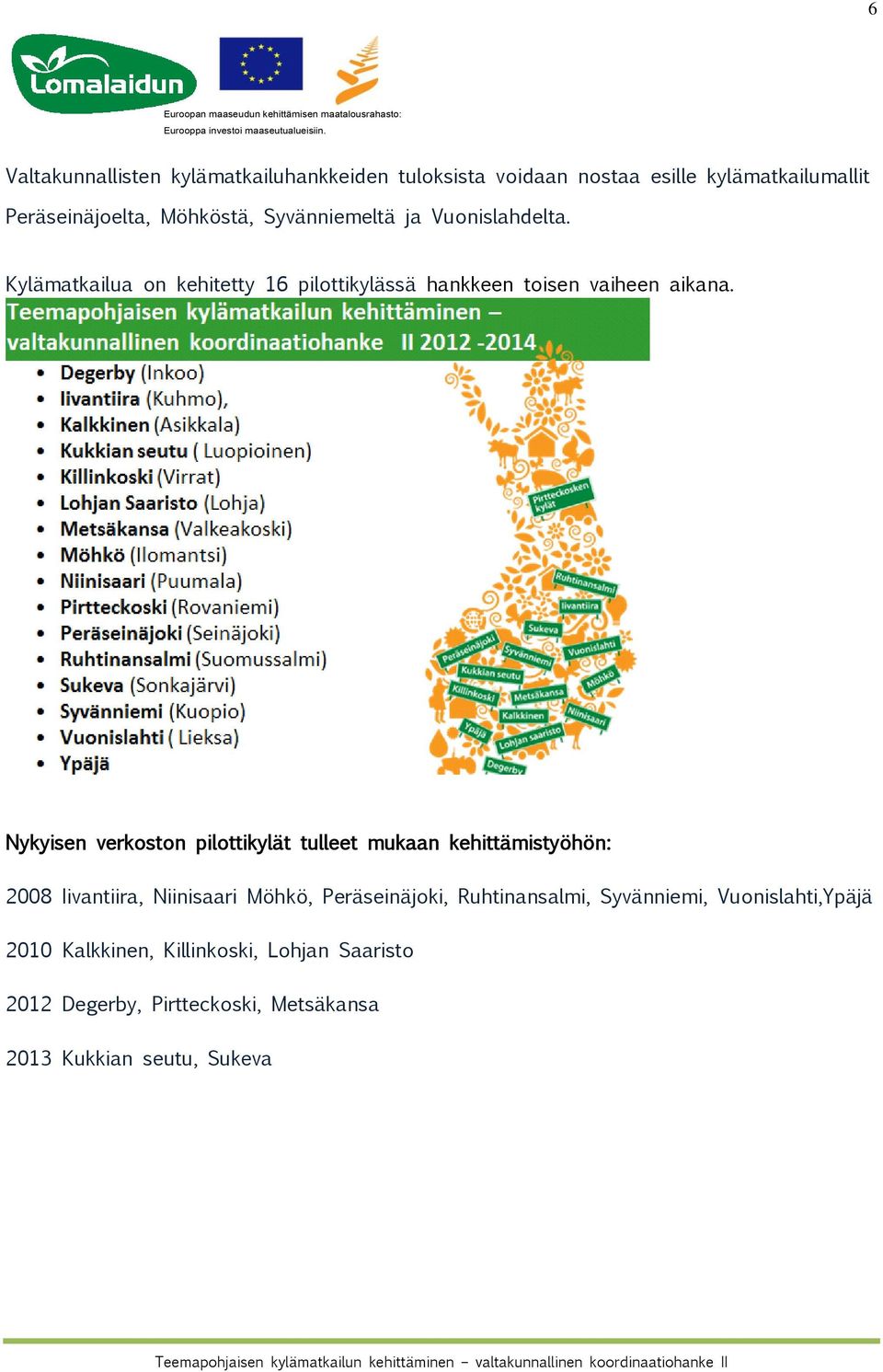 Nykyisen verkoston pilottikylät tulleet mukaan kehittämistyöhön: 2008 Iivantiira, Niinisaari Möhkö, Peräseinäjoki,