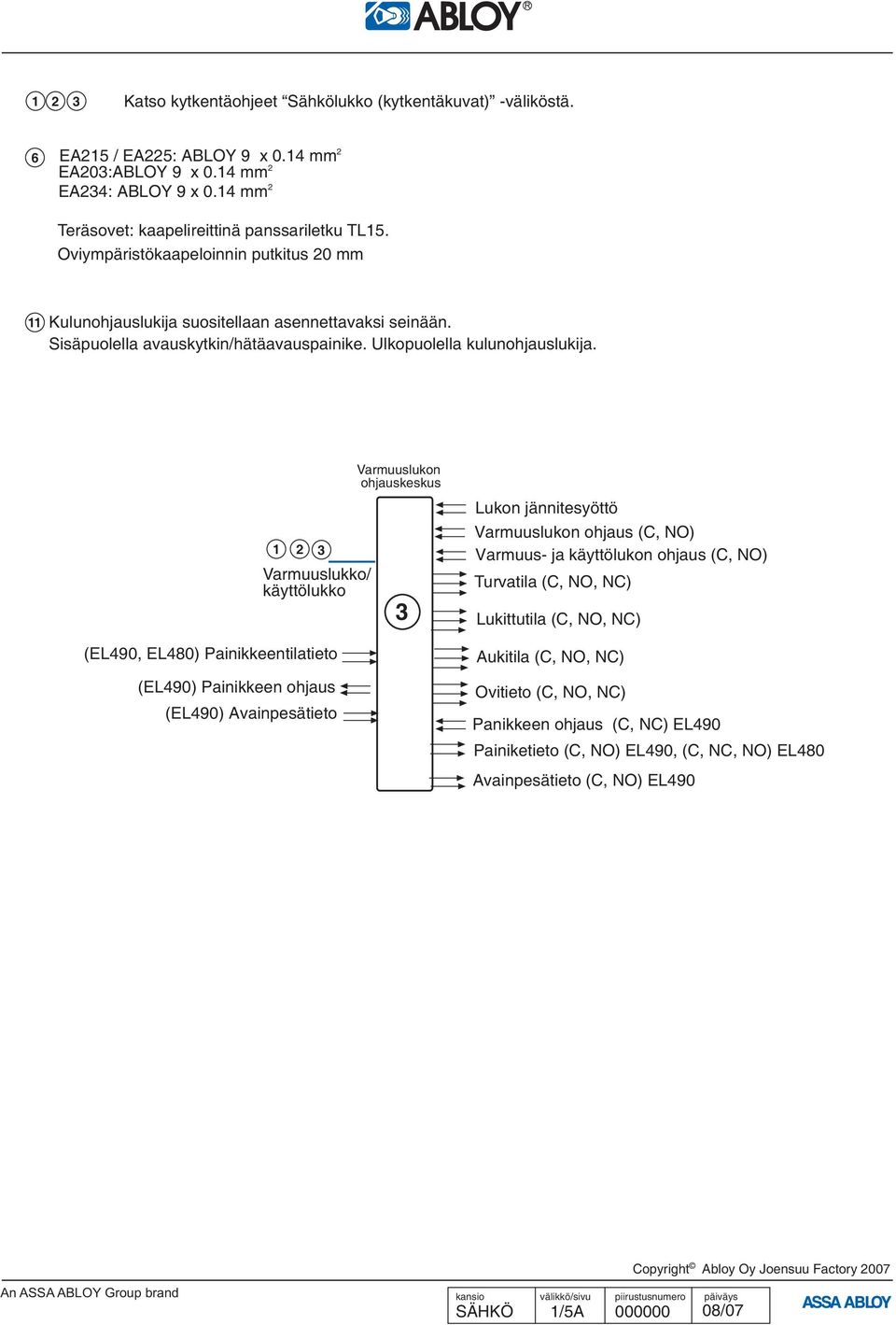 Varmuuslukko/ käyttölukko (EL490, EL480) Painikkeentilatieto (EL490) Painikkeen ohjaus (EL490) Avainpesätieto Varmuuslukon ohjauskeskus Lukon jännitesyöttö Varmuuslukon ohjaus (C, NO) Varmuus- ja