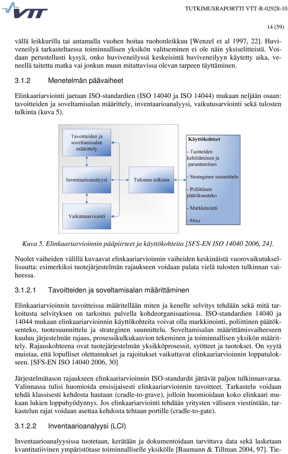 2 Menetelmän päävaiheet Elinkaariarviointi jaetaan ISO-standardien (ISO 14040 ja ISO 14044) mukaan neljään osaan: tavoitteiden ja soveltamisalan määrittely, inventaarioanalyysi, vaikutusarviointi