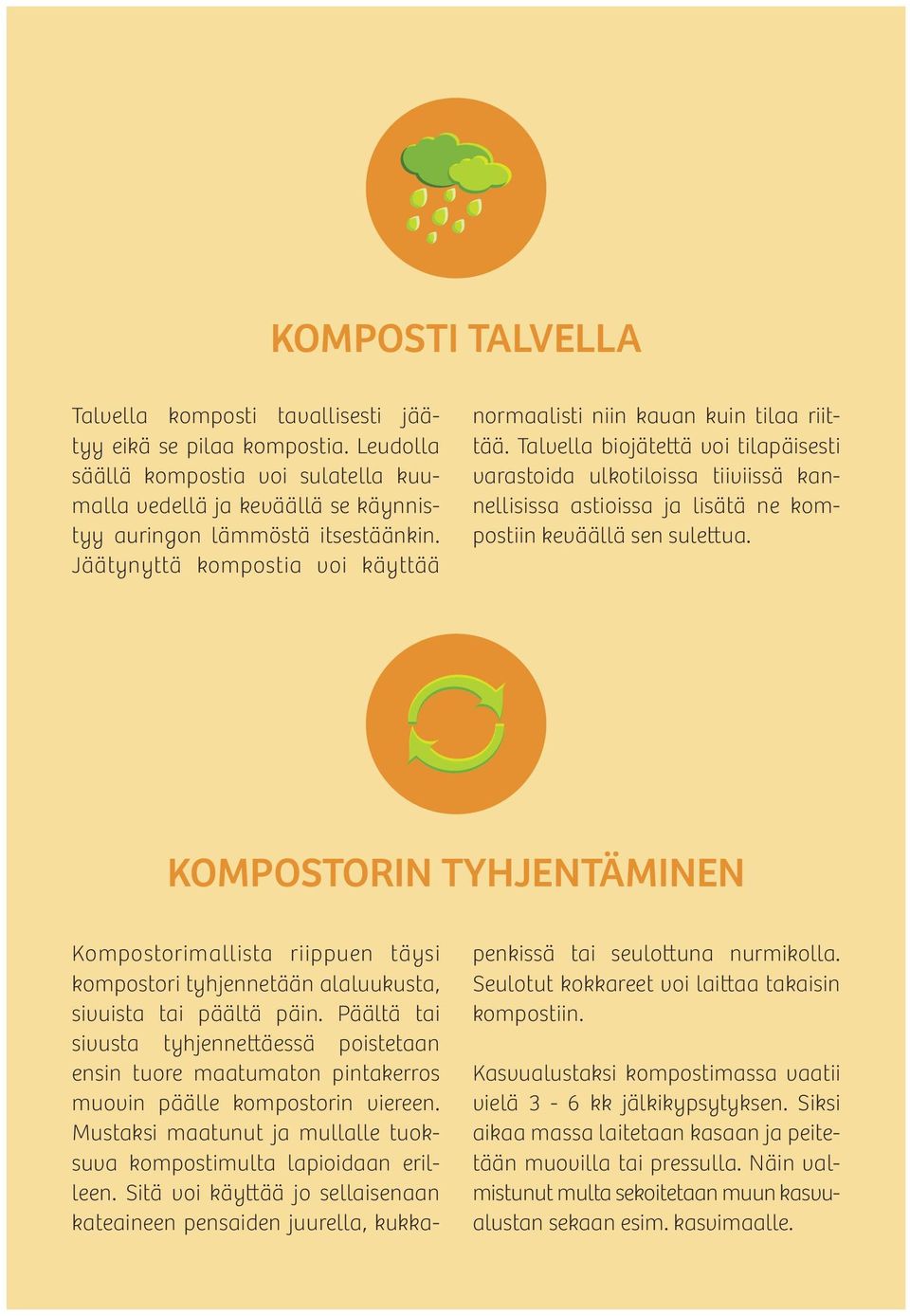 Talvella biojätettä voi tilapäisesti varastoida ulkotiloissa tiiviissä kannellisissa astioissa ja lisätä ne kompostiin keväällä sen sulettua.