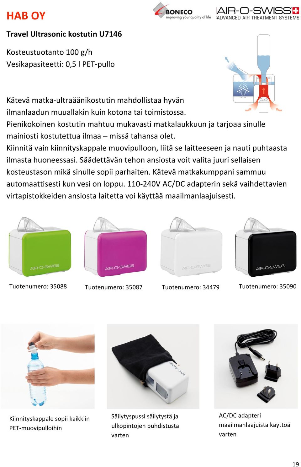 Kiinnitävainkiinnityskappalemuovipulloon,liitäselaitteeseenjanautipuhtaasta ilmastahuoneessasi.säädettäväntehonansiostavoitvalitajuurisellaisen kosteustasonmikäsinullesopiiparhaiten.