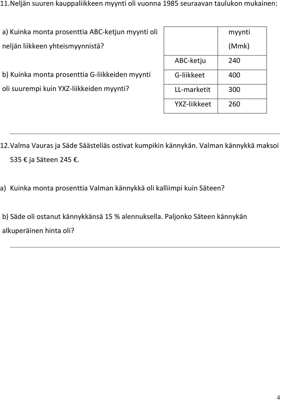 myynti (Mmk) ABC-ketju 240 G-liikkeet 400 LL-marketit 300 YXZ-liikkeet 260 12. Valma Vauras ja Säde Säästeliäs ostivat kumpikin kännykän.