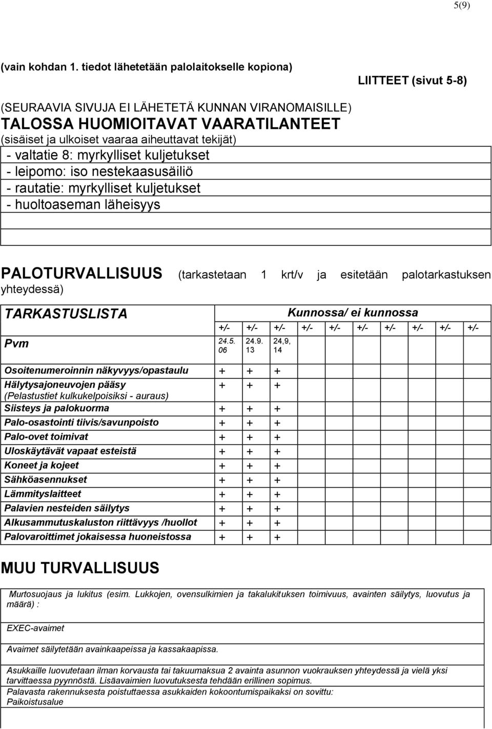 tekijät) - valtatie 8: myrkylliset kuljetukset - leipomo: iso nestekaasusäiliö - rautatie: myrkylliset kuljetukset - huoltoaseman läheisyys PALOTURVALLISUUS (tarkastetaan 1 krt/v ja esitetään