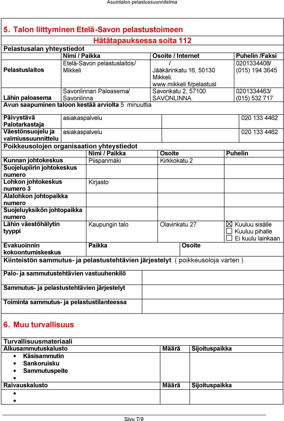 Mikkeli (015) 194 3645 / Jääkärinkatu 16, 50130 Mikkeli. www.mikkeli.fi/pelastusl Lähin paloasema Savonlinnan Paloasema/ Savonlinna Savonkatu 2, 57100 SAVONLINNA.