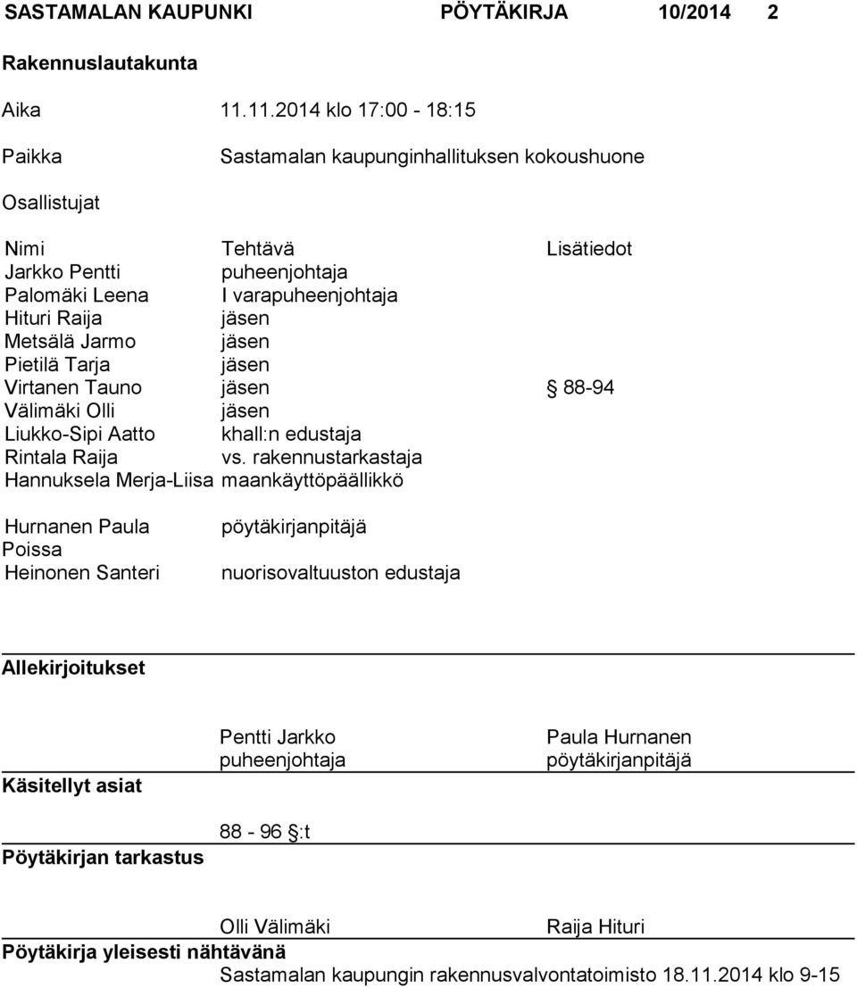 Metsälä Jarmo jäsen Pietilä Tarja jäsen Virtanen Tauno jäsen 88-94 Välimäki Olli jäsen Liukko-Sipi Aatto khall:n edustaja Rintala Raija vs.
