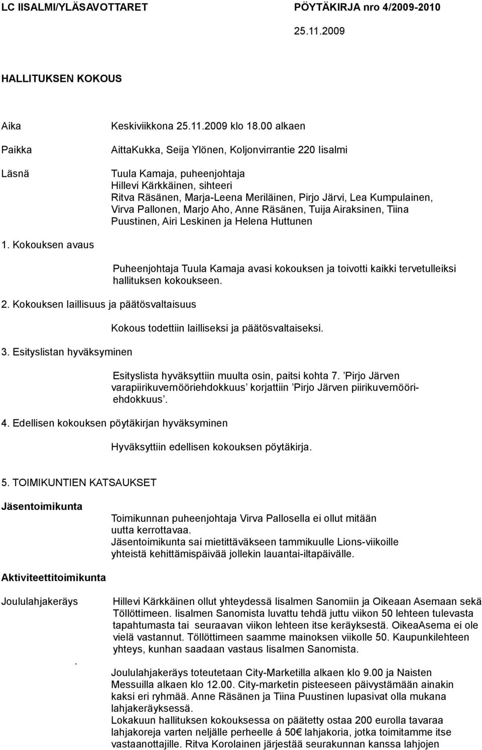 Pallonen, Marjo Aho, Anne Räsänen, Tuija Airaksinen, Tiina Puustinen, Airi Leskinen ja Helena Huttunen 1. Kokouksen avaus 2. Kokouksen laillisuus ja päätösvaltaisuus 3.
