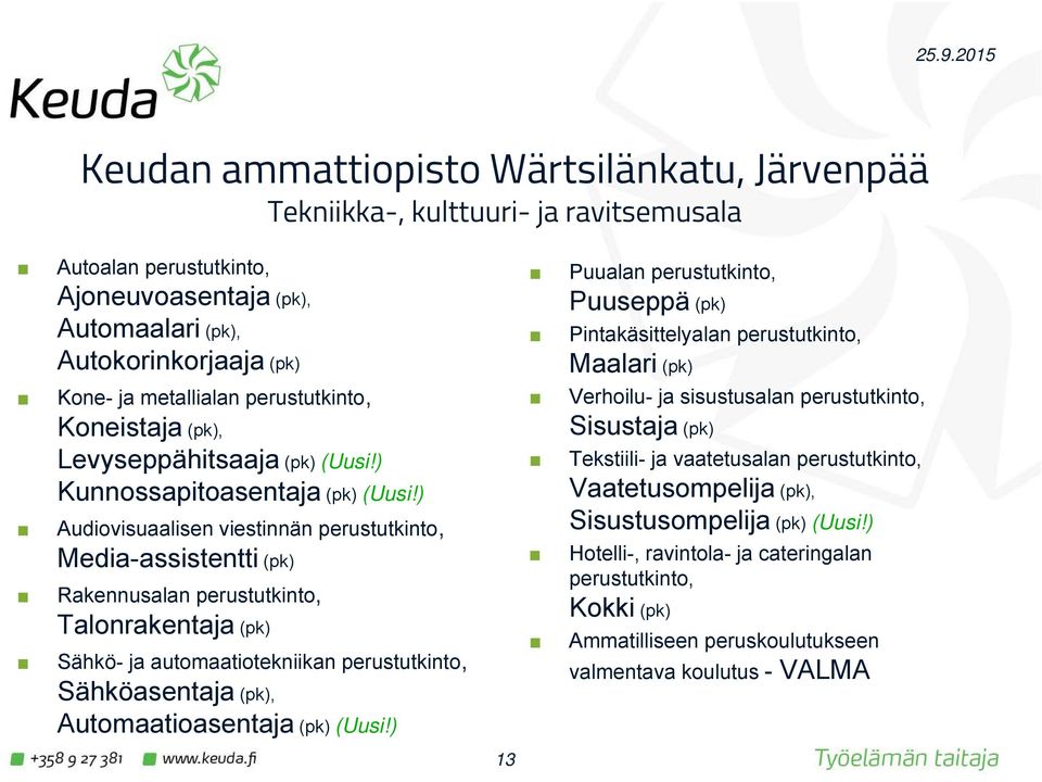 ) Audiovisuaalisen viestinnän perustutkinto, Media-assistentti (pk) Rakennusalan perustutkinto, Talonrakentaja (pk) Sähkö- ja automaatiotekniikan perustutkinto, Sähköasentaja (pk), Automaatioasentaja